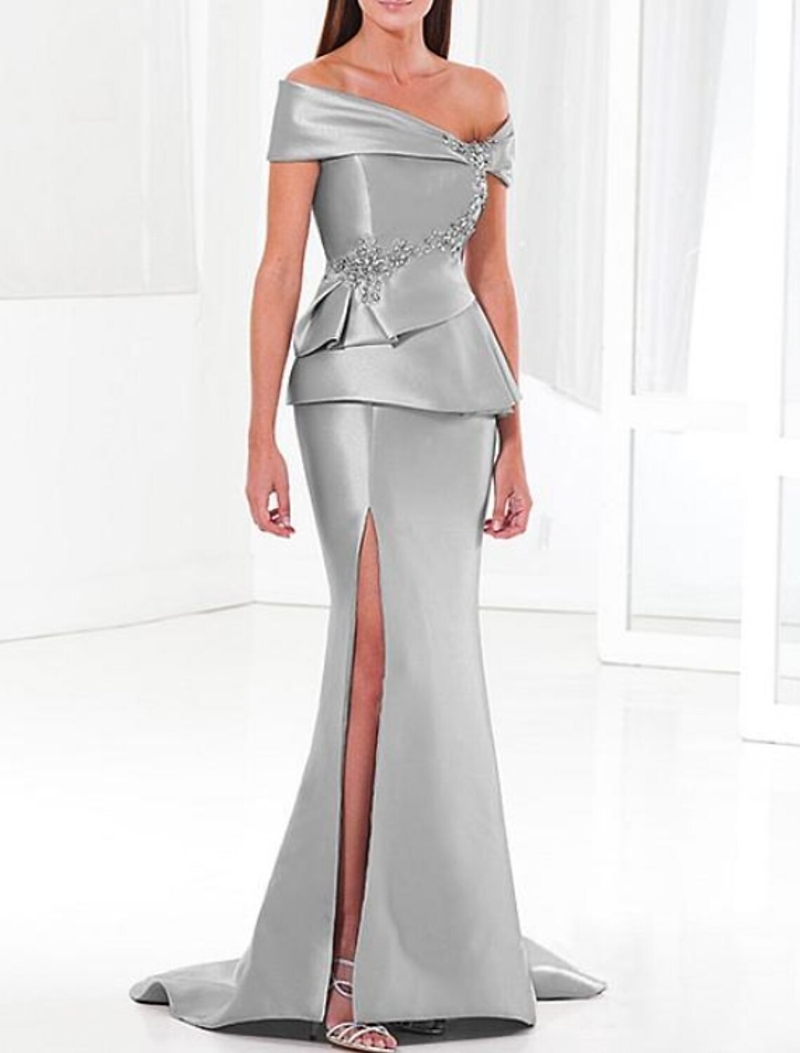 Mermaid / Trumpet Evening Gown Minimalist Dress Wedding Guest Engagement Sweep / Brush Train Short Sleeve Off Shoulder Satin with Beading Slit